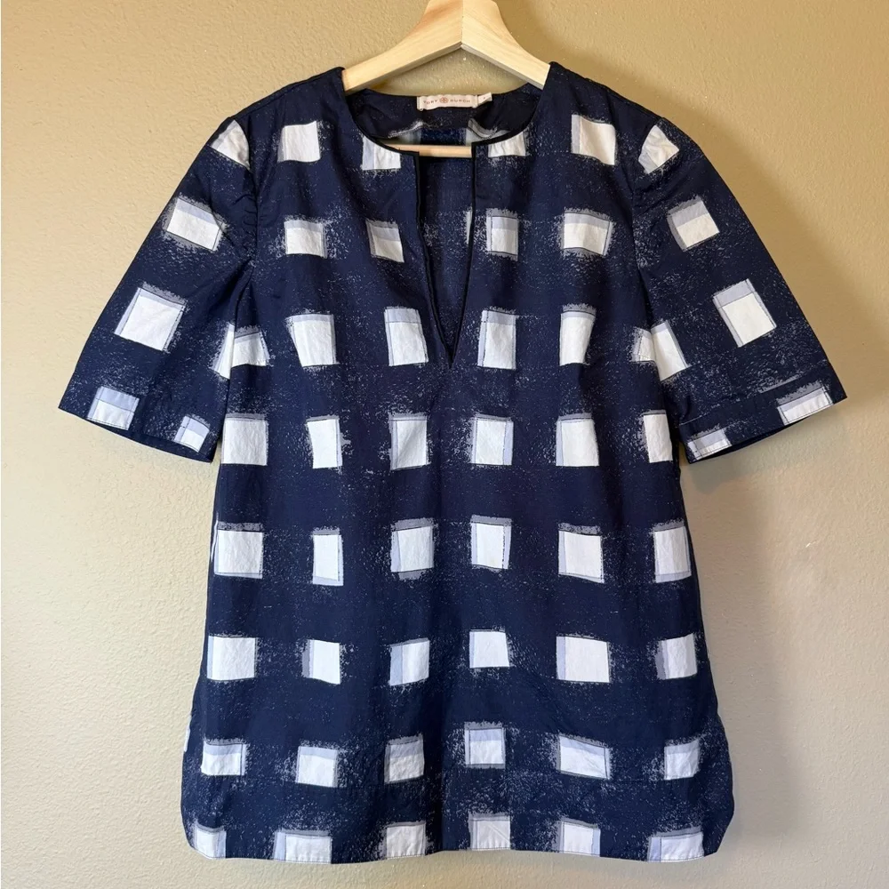 Tory Burch V Neck Checkered Cotton Oversized Antibes Blouse Size 2 - Picture 2 of 8